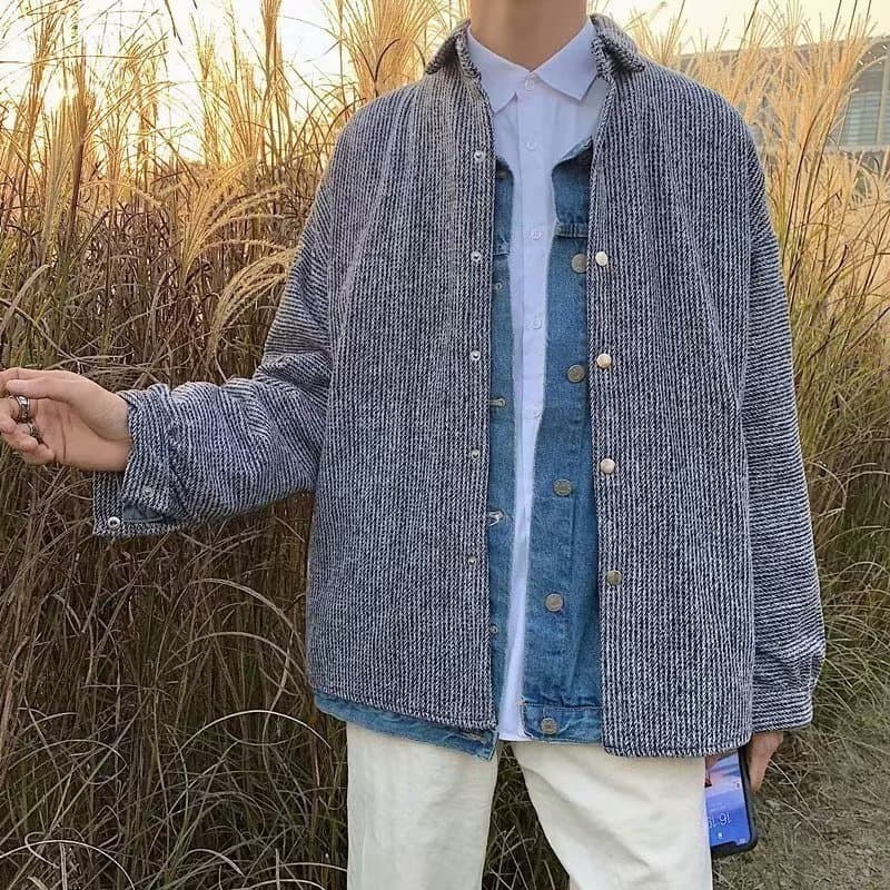 Japanese Vintage Lazy Style Wool Shirt for Men, Ins Trendy Hong Kong Flavor Long Sleeve Striped Jacket, Loose Warm Coat