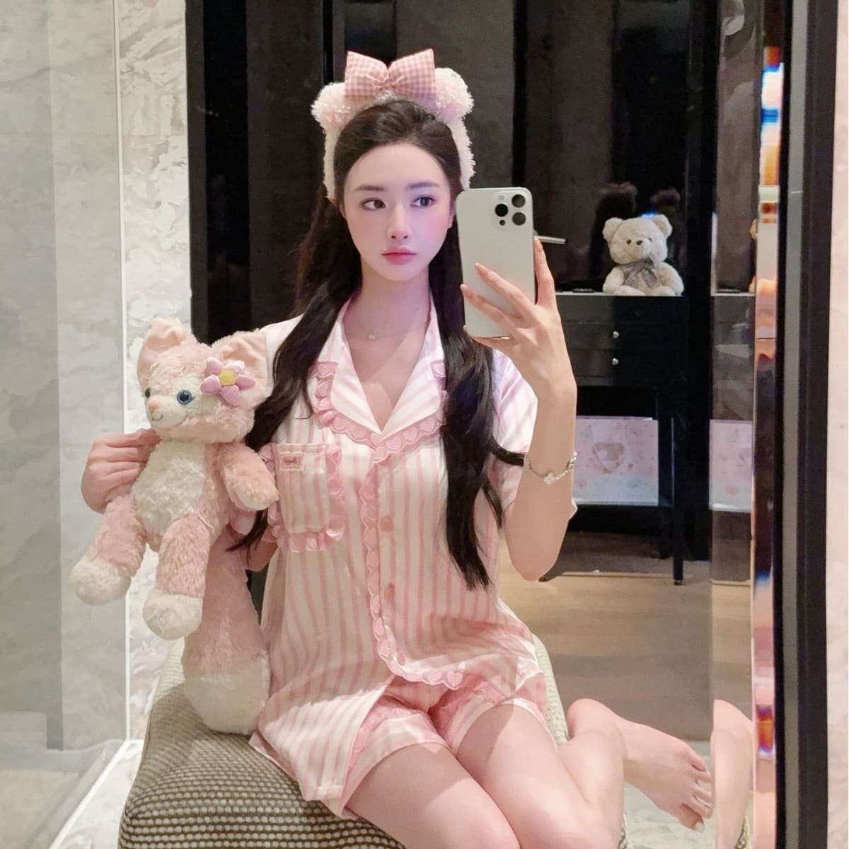 Summer lapel short-sleeved shorts women's pajamas set ice and snow silk stripes high-end thin lace home clothes