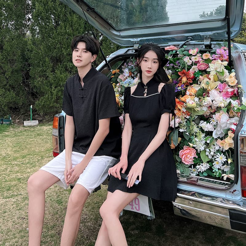 Women's Summer 2023 New Temperament Off-Shoulder Short-Sleeve Solid Color Dress with Men's Collar Top