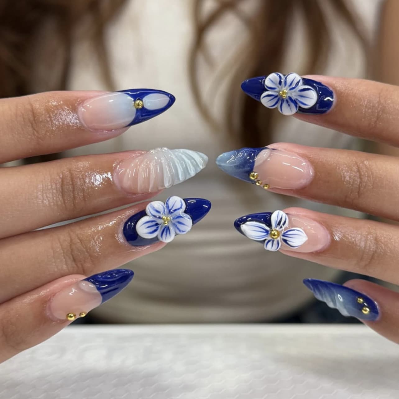 3D French Blue Floral European and American Wearable Nails Short Almond Shape Press-On Nails High-End Fake Nails