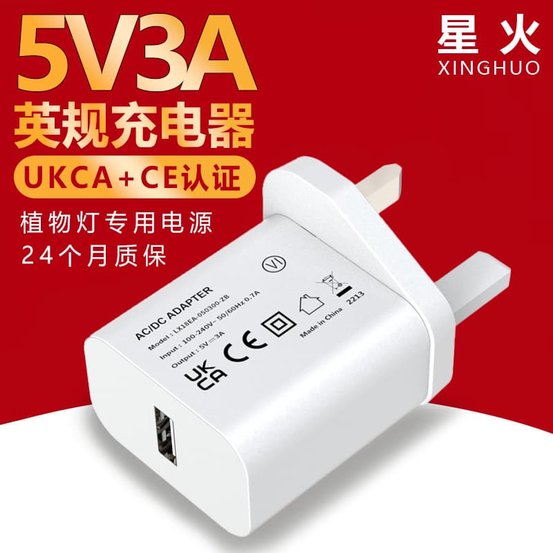 UK/AU 5V3A Charger CE, UKCA, SAA Certified 15W Power Adapter with LED Indicator for USB Strip Light