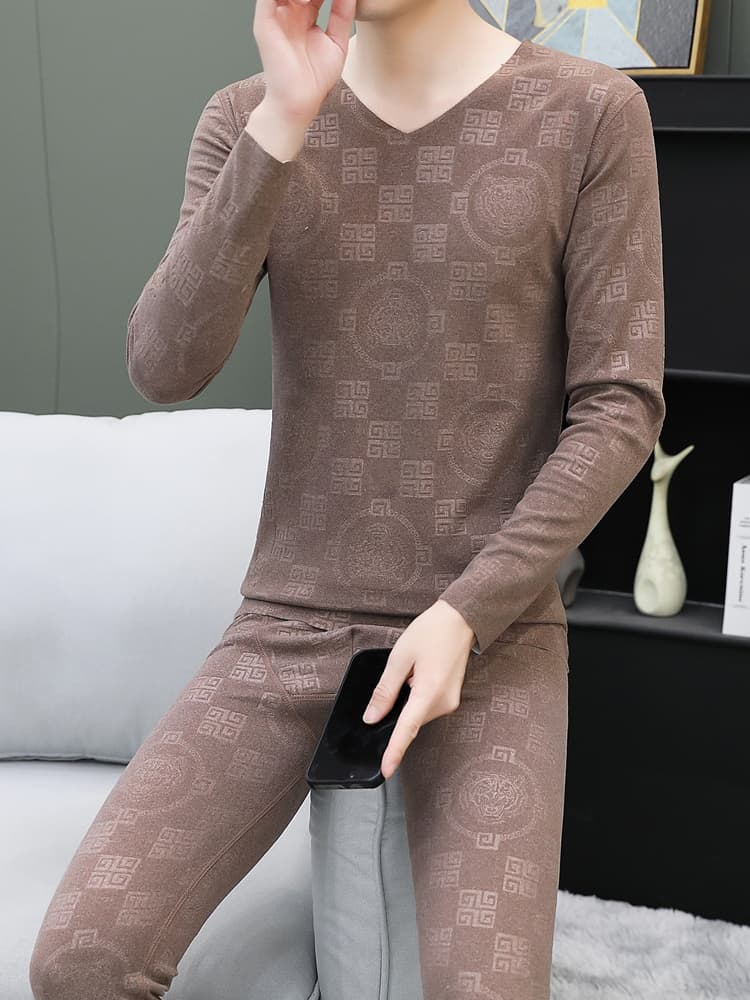 Men's De Velvet Thermal Underwear Set, Autumn/Winter Base Layer, Slim Fit Low Neck Long Johns for Young and Middle-Aged Men
