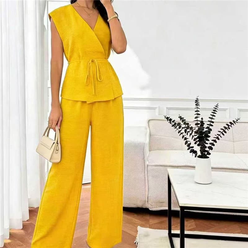 European and American Cross-Border 2026 Summer New Fashion Women's Outfit Sleeveless V-Neck Stylish Top Wide-Leg Pants Casual Fashion