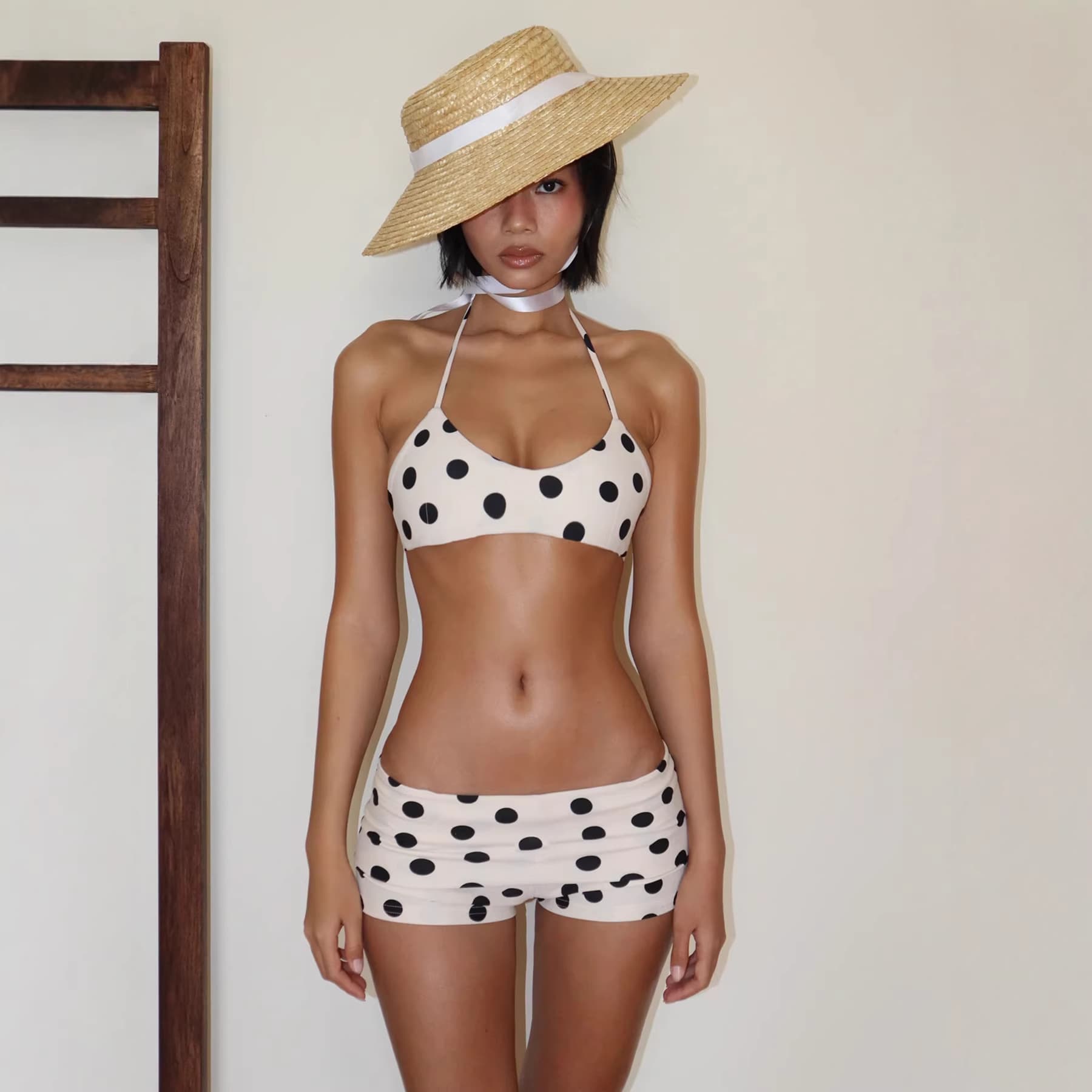 European and American Style Summer Beach Polka Dot Bikini Set Backless Tie Top Cuffed Low Waist Hot Pants Women's Wear
