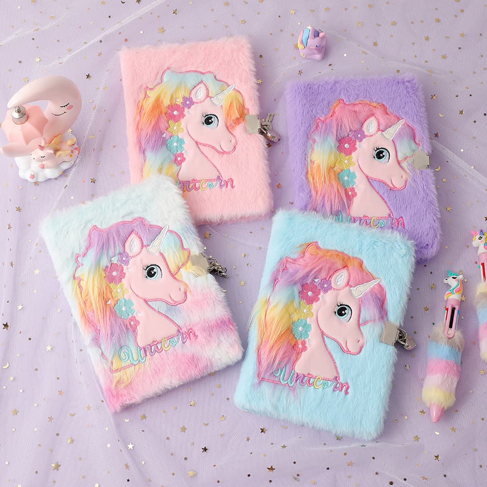 Unicorn A5 Cartoon Plush Notebook for Kids with Lock, Cute Diary for Girls, Journal