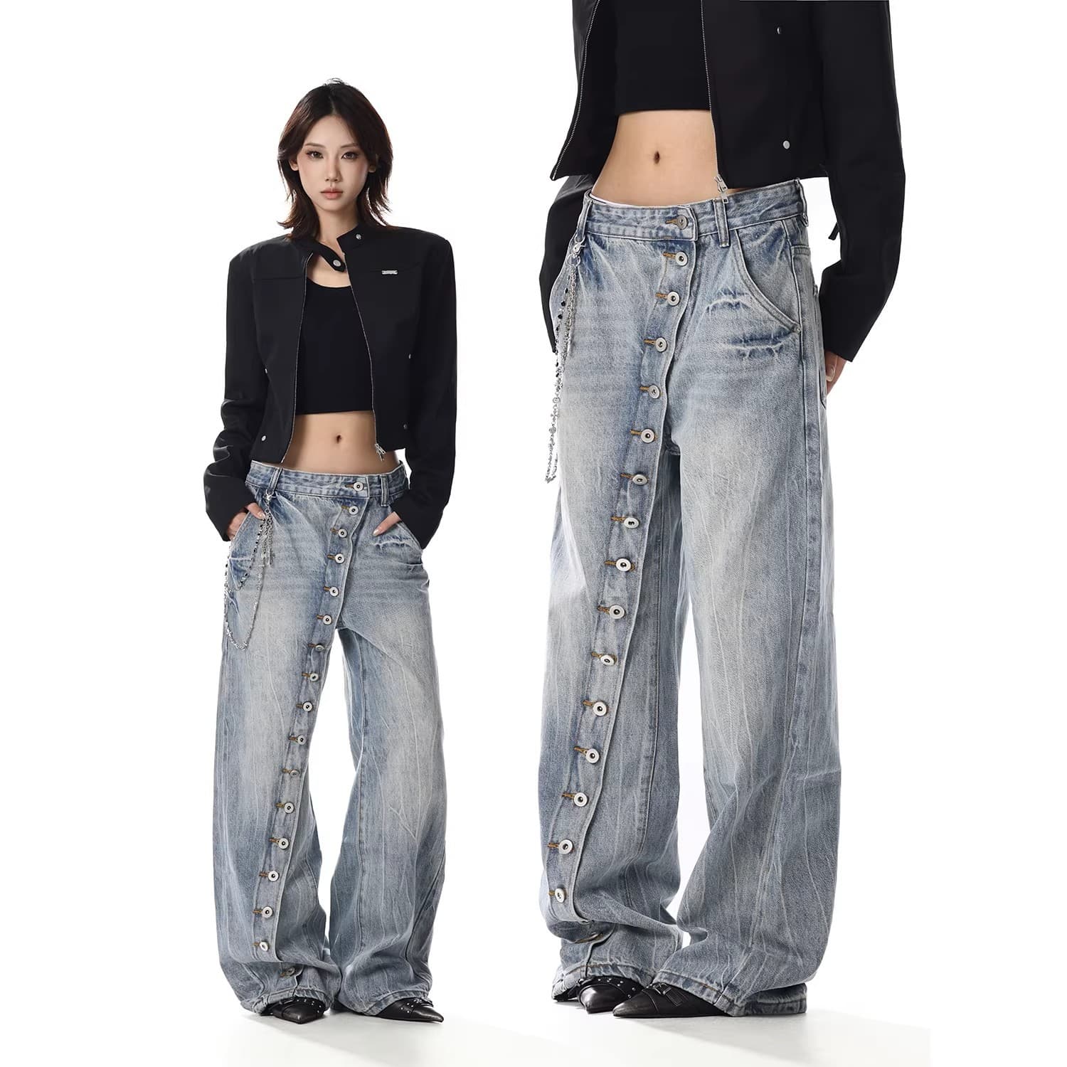 American Vintage Washed Asymmetric Button Straight-Leg Jeans for Women, Designer Loose Casual Versatile Wide-Leg Pants for Men