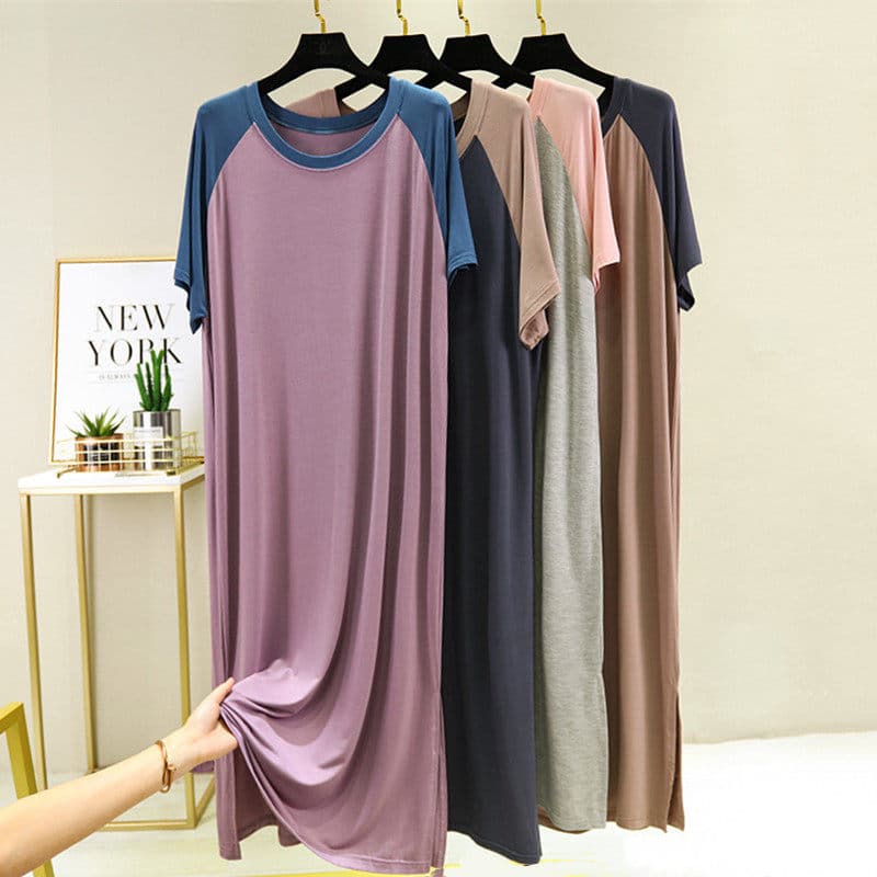 Modal Sleep Dress Women Summer Thin New Plus Size Short Sleeve Dress Loose Home Dress Contrast Color Nightgown
