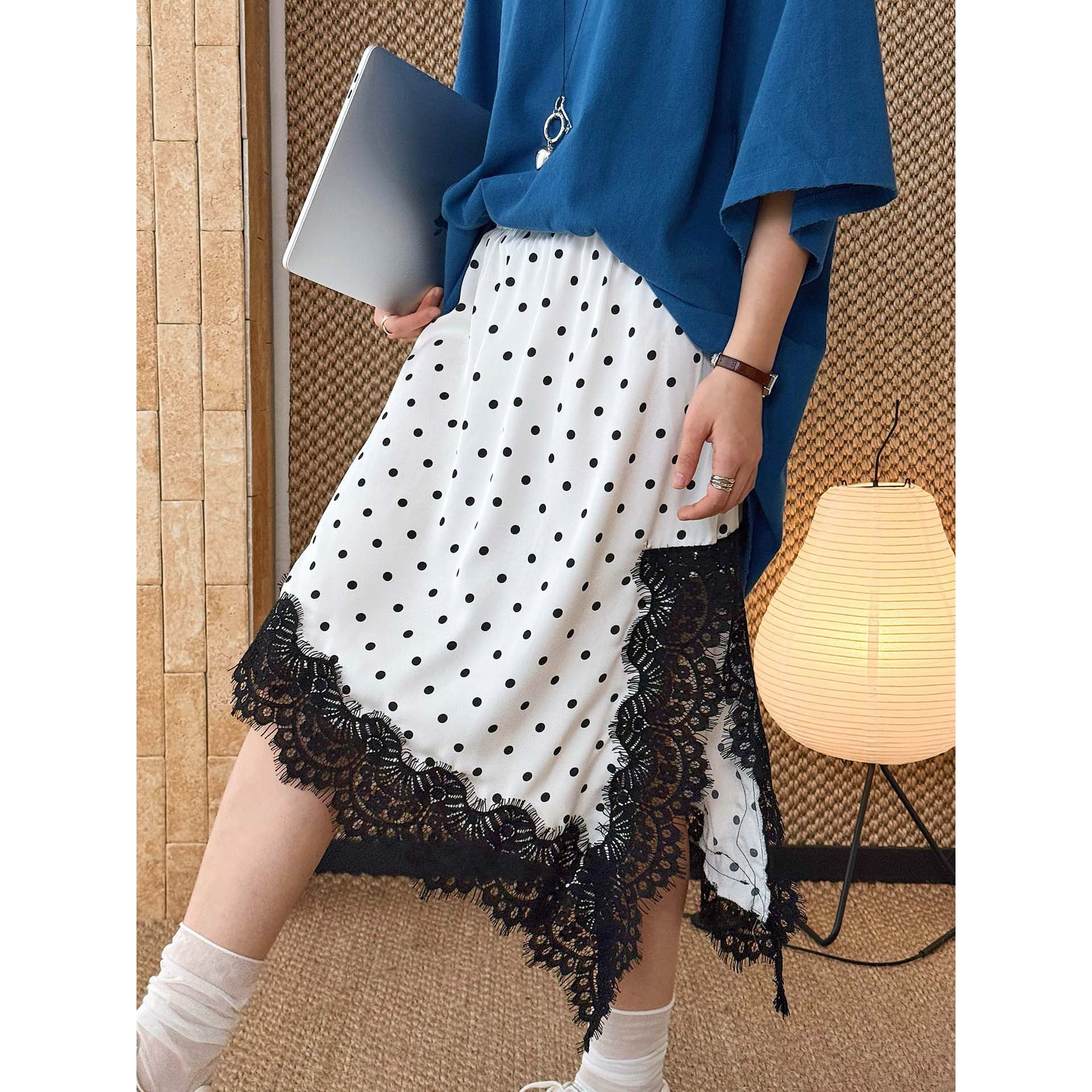 Xuman Summer New French INS Fashion Polka Dot Lace Patch Irregular Hem Skirt Flowing Long Skirt