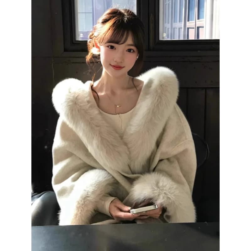 Fuzzy Wool Coat for Women Autumn Winter Overseas Student Premium Look Gentle Style Woolen Outerwear for Petite