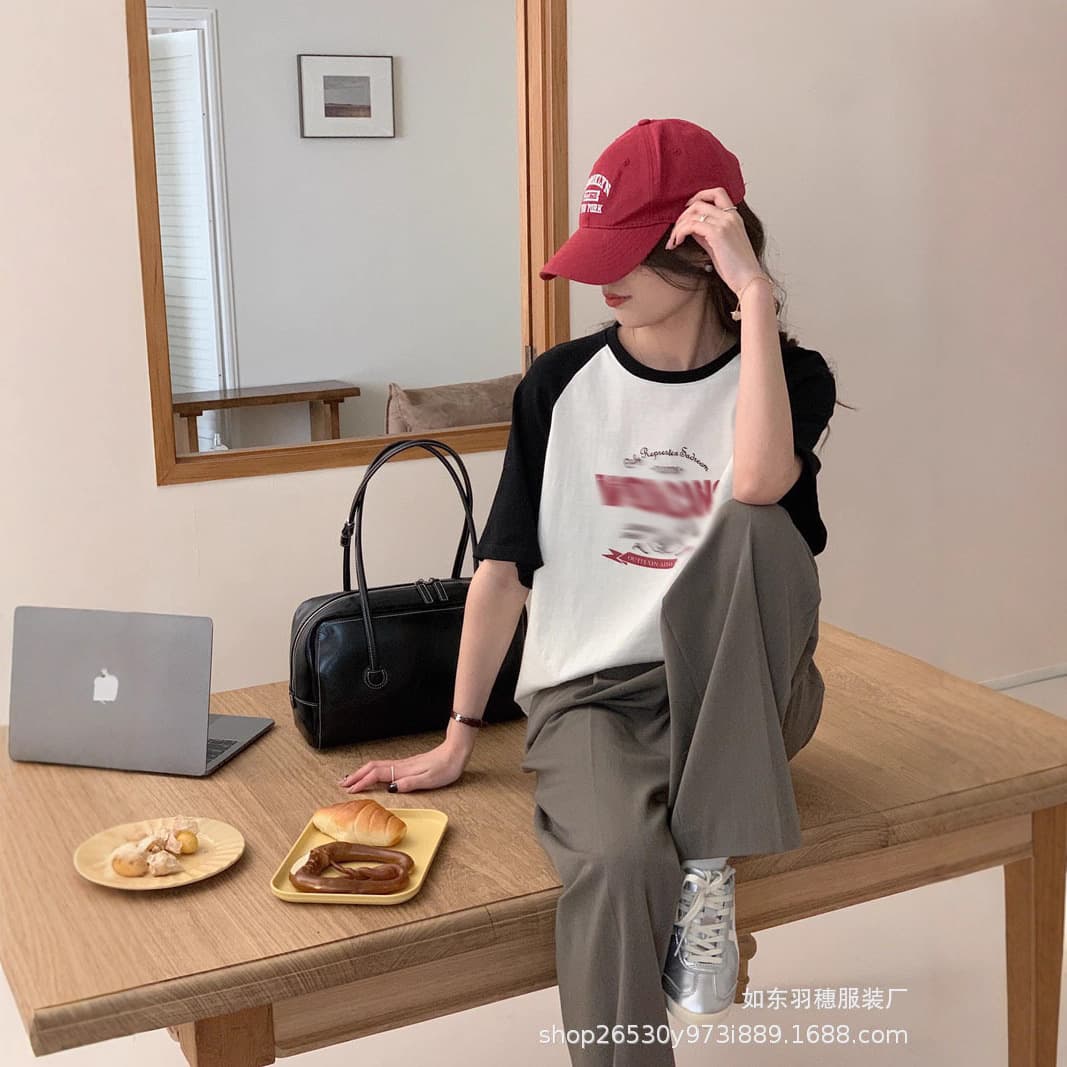 Women's Summer Short-Sleeve T-Shirt, Fashionable Age-Defying Korean Style Printed Loose Casual Oversized Color-Block Raglan Sleeve Top Trendy Z1
