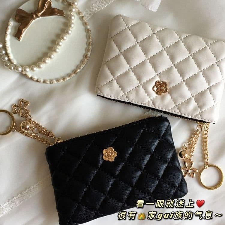 2025 Camellia Diamond Pattern Zipper Coin Purse Small Wallet for Women, Slim Short Style, New Driving License Key Holder Card Case