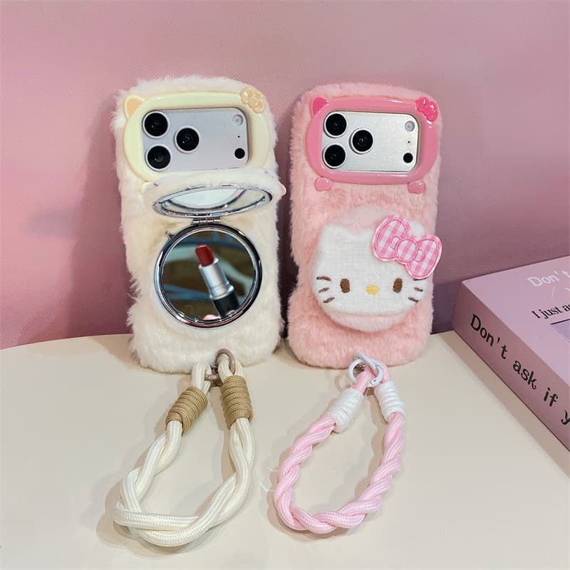KT cat touch-up mirror is suitable for iPhone17Air Apple 16promax plush mobile phone case 15/14 cartoon