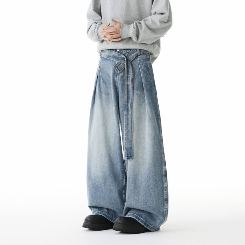 American Vintage Washed Curved Blade Jeans for Men Spring Trendy Retro Belt Casual Loose Fit Pants