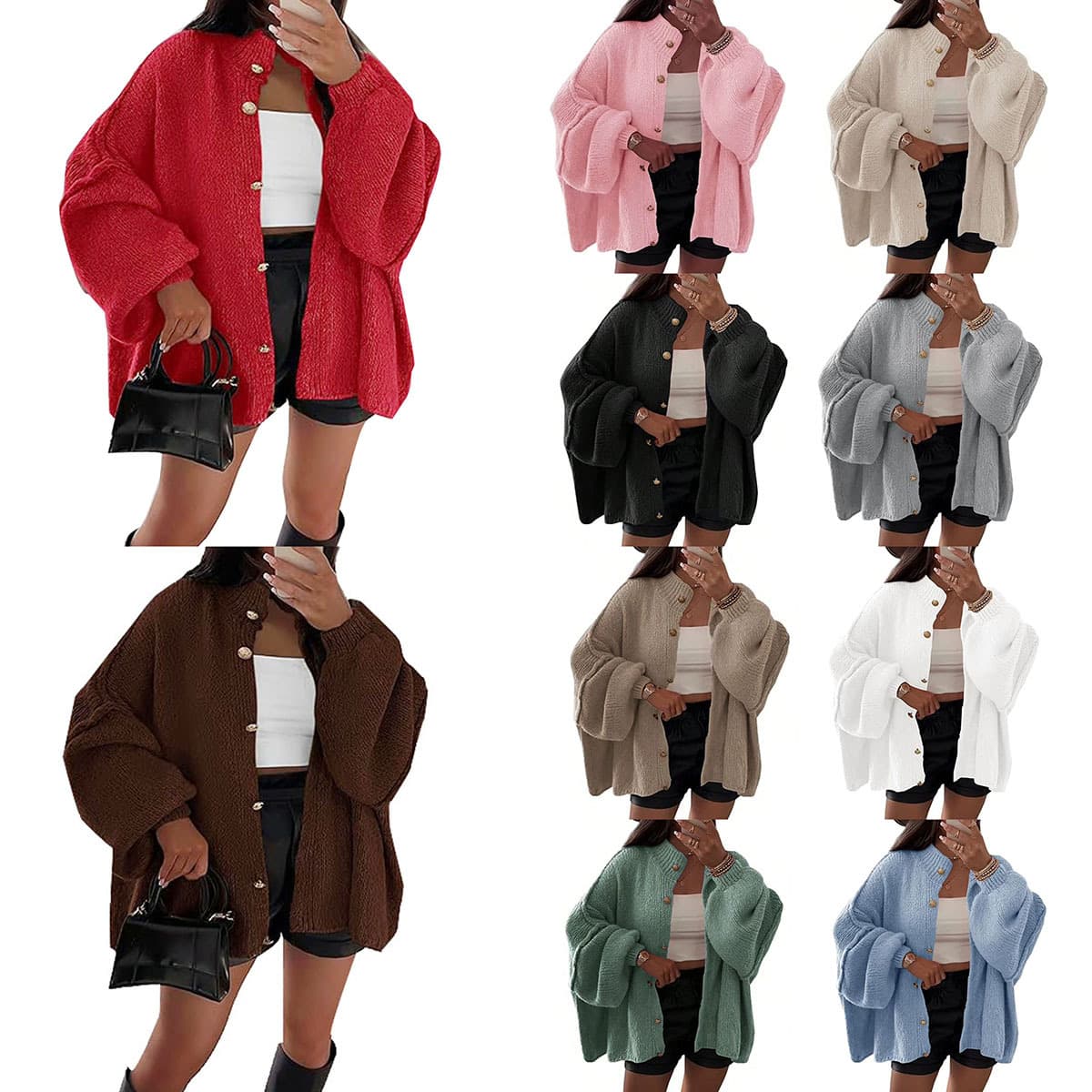 Amazon AliExpress Europe USA Autumn Winter Solid Casual Button Cardigan Loose Sleeve Solid Knit Cardigan Coat