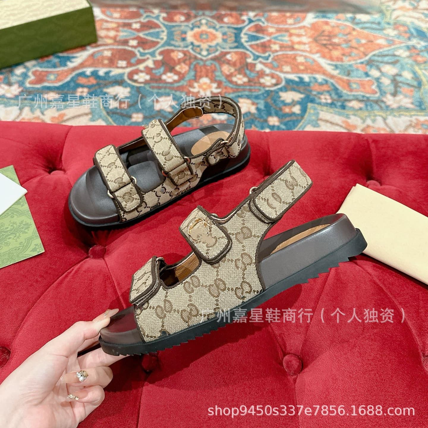 Cross-border Trade Style G Brand Letter Two-Strap Casual Flat Sandals with Velcro, Thick Sole, Comfortable and Versatile Beach Women's Slippers