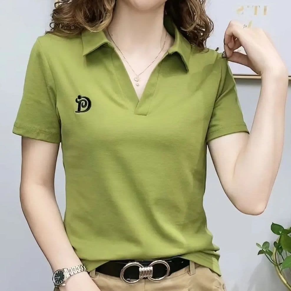 Trendy Women's Polo Shirt V-Neck Short Sleeve T-Shirt 2026 Summer New Stylish Casual Top