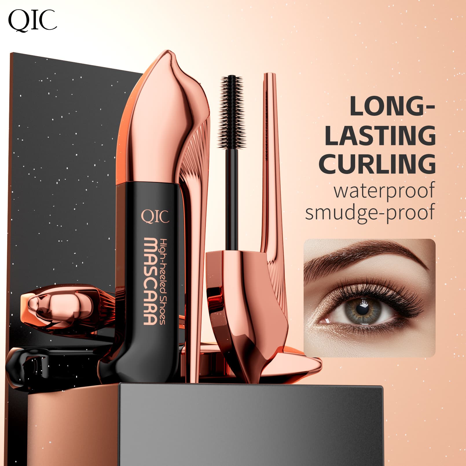 QIC Cross-Border Natural Smooth Curling High-Heel Mascara Waterproof Sweat-Resistant Smudge-Proof Lengthening Volumizing Mascara