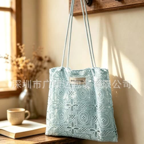 Spring Summer Light Color Lace Hollow Out Canvas Bag Girly Large Capacity Shopping Tote Literary Versatile Student Shoulder Bag