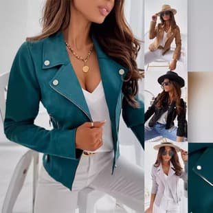 2024 Women's Outerwear, Cross-Border Amazon European and American Independent Station Fitted Turn-Down Collar Zipper Suede Short Jacket