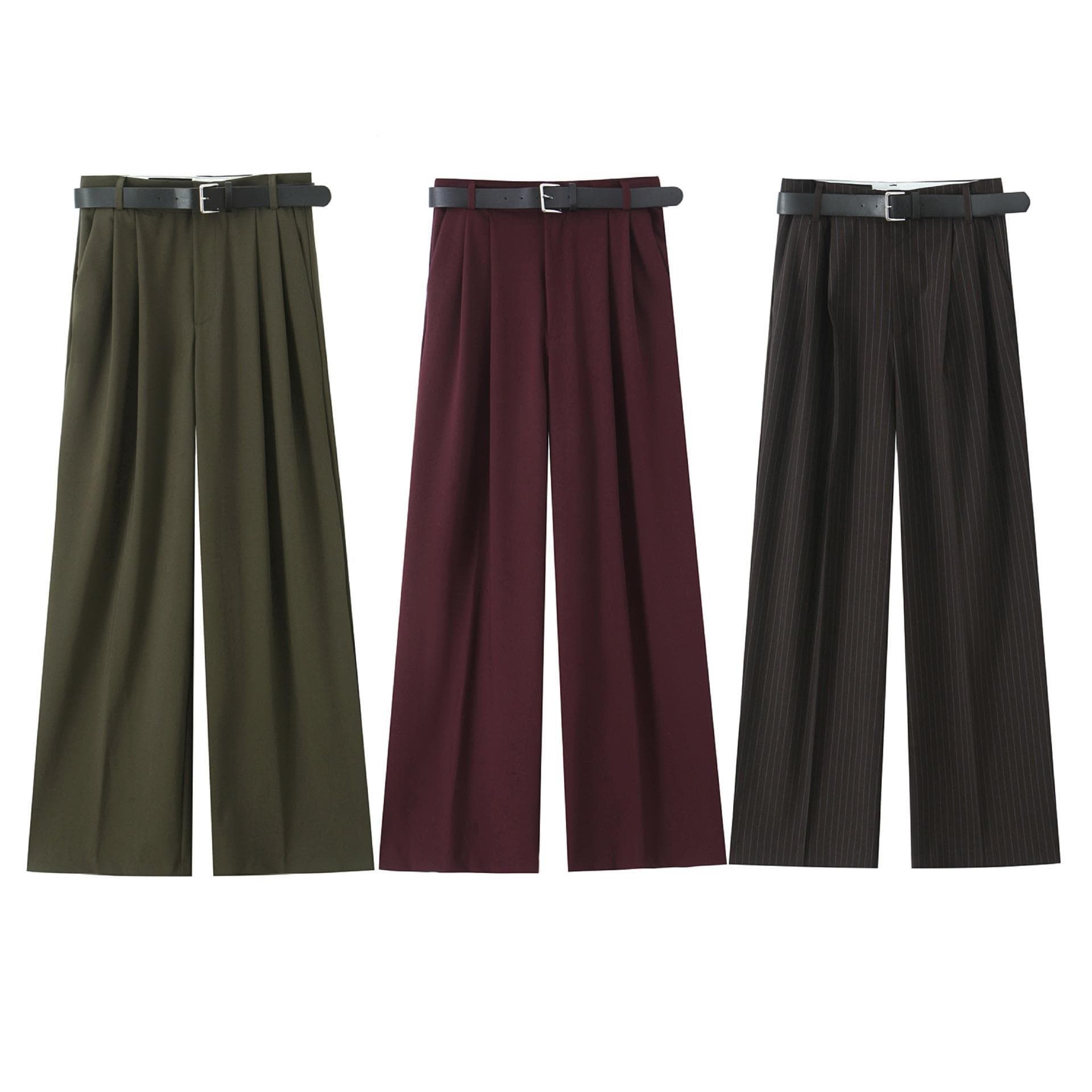 European and American Style Spring New Double Pleated High-Waisted Loose Wide-Leg Casual Pants with Belt Striped Straight Trousers