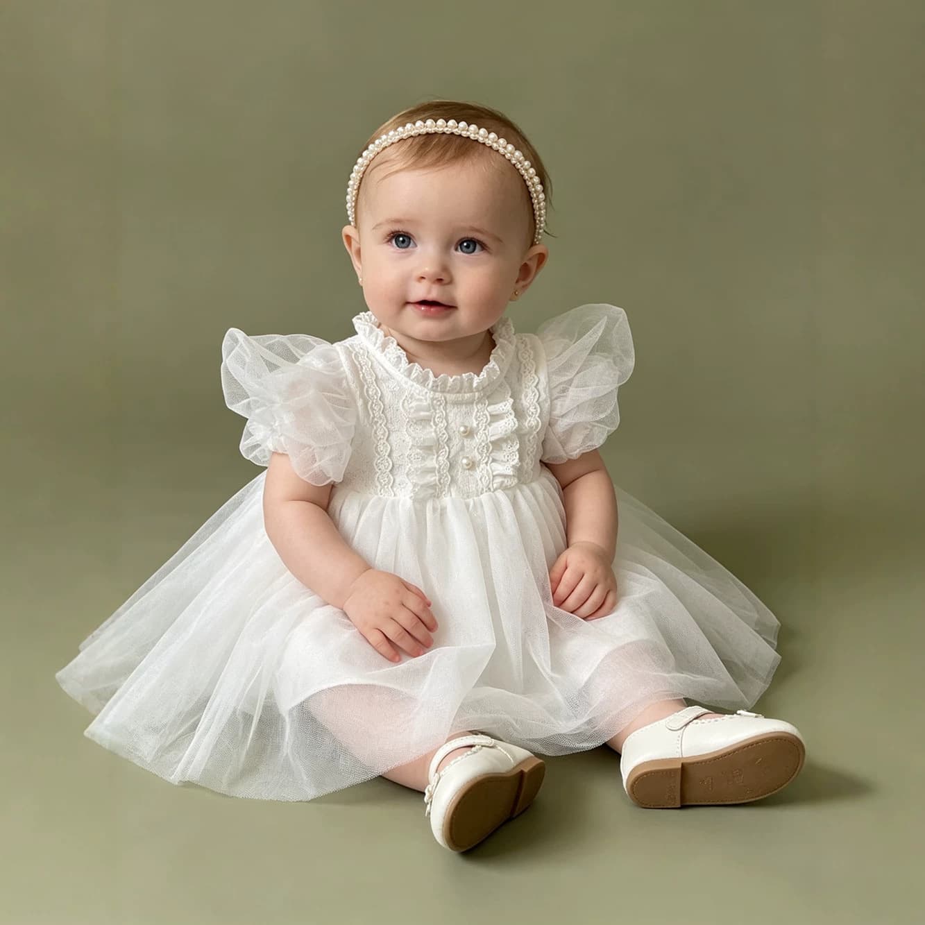 2026 Summer Baby Princess Tutu Dress for Girls, Lace Trim Mesh Puff Sleeve Dress, First Birthday Party Gown