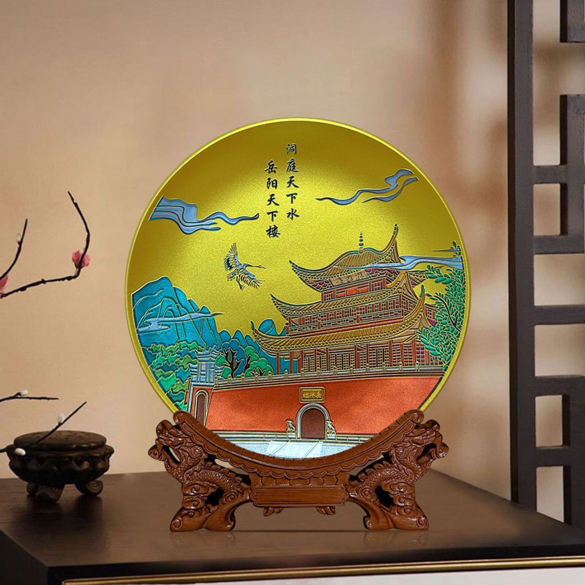 Baifu Ten-Year-Old Shop Crafted Yueyang Tower Featured Scenic Spot Relief Hand-Painted Commemorative Plate, Glass Craft Display Plate