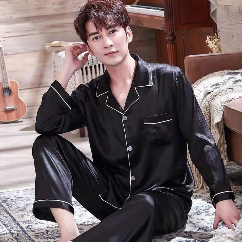 Men's Pajamas Summer Cardigan Thin Spring & Fall Long-Sleeved Pants Teenagers Large Size Silk Home Clothes Set Simple