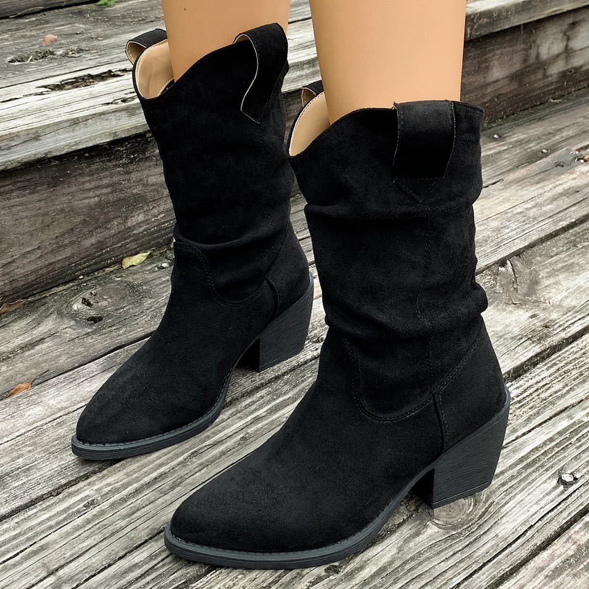 Foreign trade retro pointed toe western cowboy boots cross-border autumn and winter thick heel mid-calf knight boots slim pleated pile boots for women