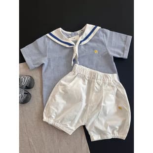 Baby Ins Style 2-Piece Set Summer 25 Boys Girls Baby Blue Striped Sailor Collar Short Sleeve Shorts