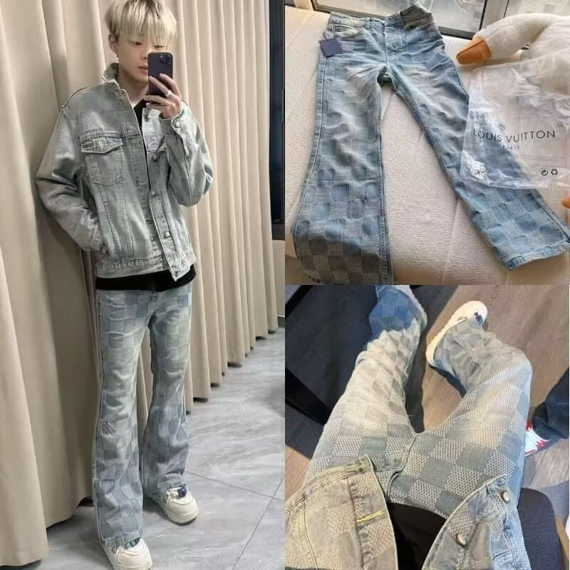 American Style Men's Wide Leg Jeans Casual Spring Summer Loose Retro Chessboard Straight Leg Pants Handsome Streetwear