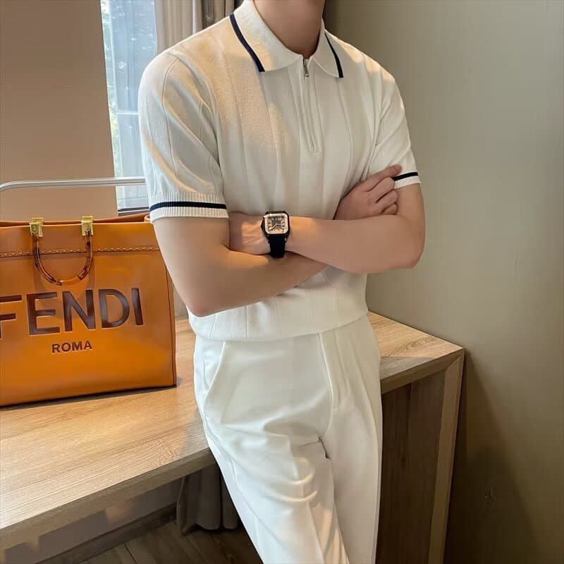 Summer men's short-sleeved lapel knitted polo shirt, simple casual business striped half-zip open chest lapel T-shirt