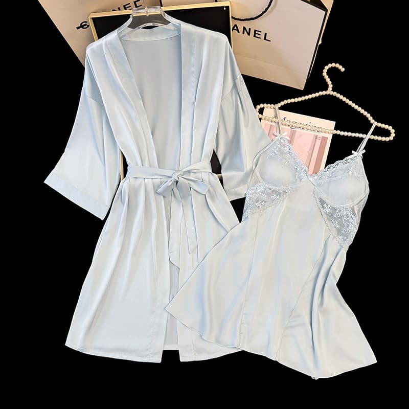 Sexy Two-Piece Pajama Set for Women, Solid Color, Ice Silk, Summer Cool Feel, Hollow Lace, Home Sleepwear Set
