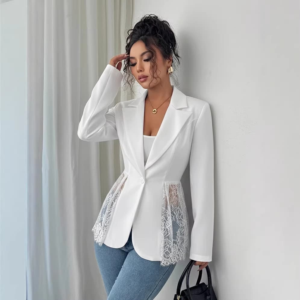 European and American Cross-border Amazon 2026 Spring New Contrast Lace Waist Slim A-line Women's Blazer