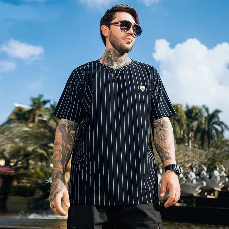 Summer Men's Round Neck Striped Trendy Casual T-Shirt Fashion Brand Youthful Trendy Ins City Style Half-Sleeve