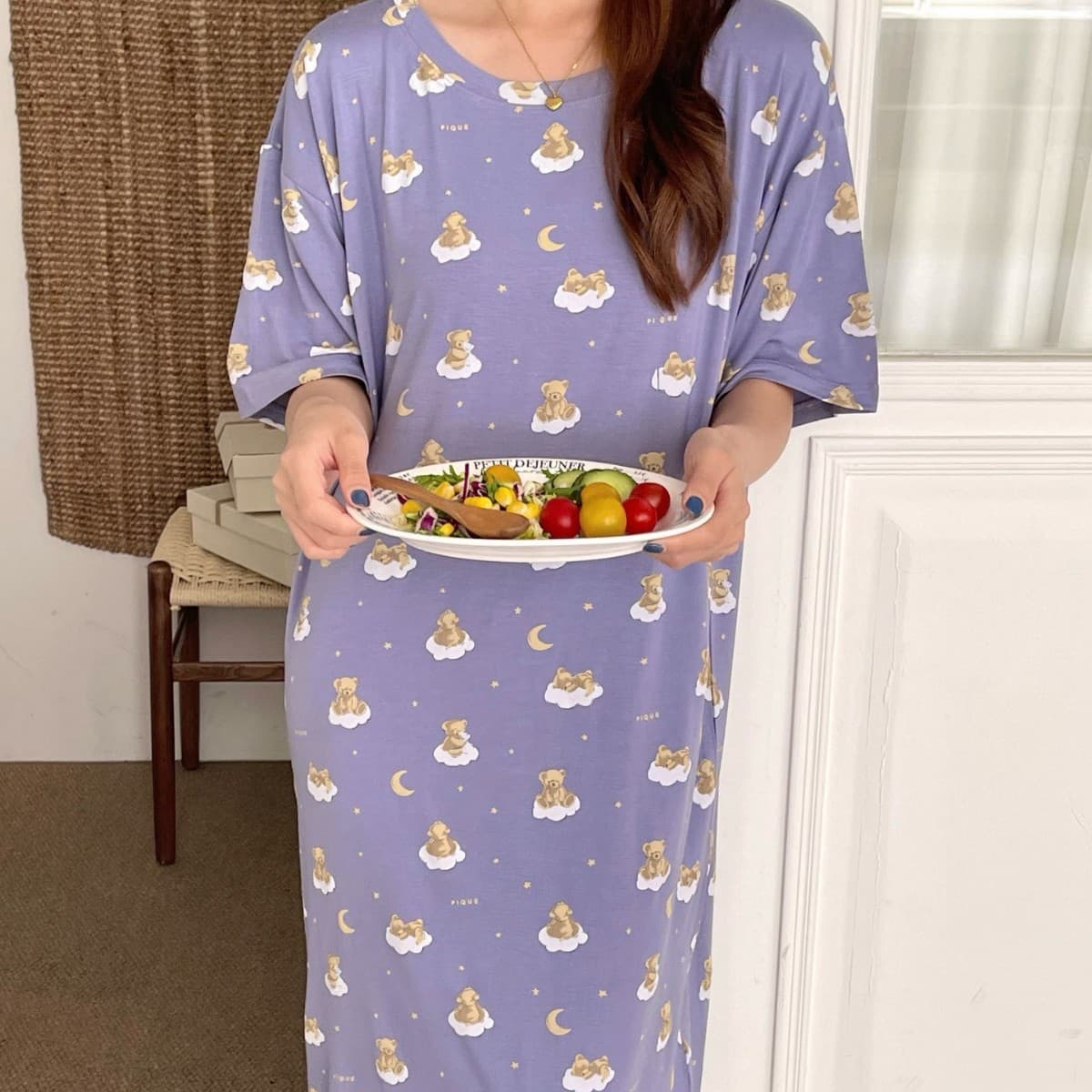 GP Cute Sweet Cartoon Goodnight Sleep Bear Short Sleeve Nightgown Long Dress Homewear Pajamas Wearable Out Wholesale