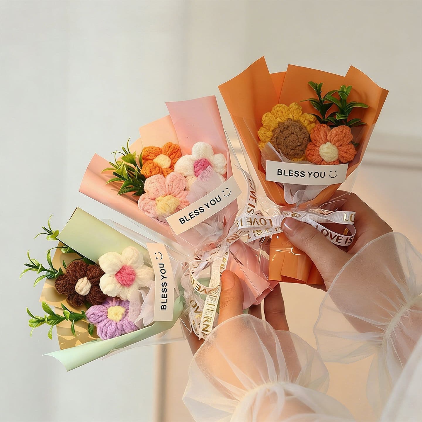 Souvenirs, knitted wool flowers, small bouquets, artificial flowers, handmade flower puffs, sunflower gifts, wholesale cross-border fake flowers