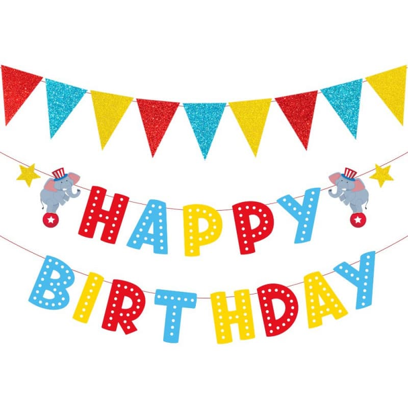 Cross-border Circus Theme Birthday Party Decoration Happy Birthday Banner Pull Flag Gold Glitter Triangle Flag
