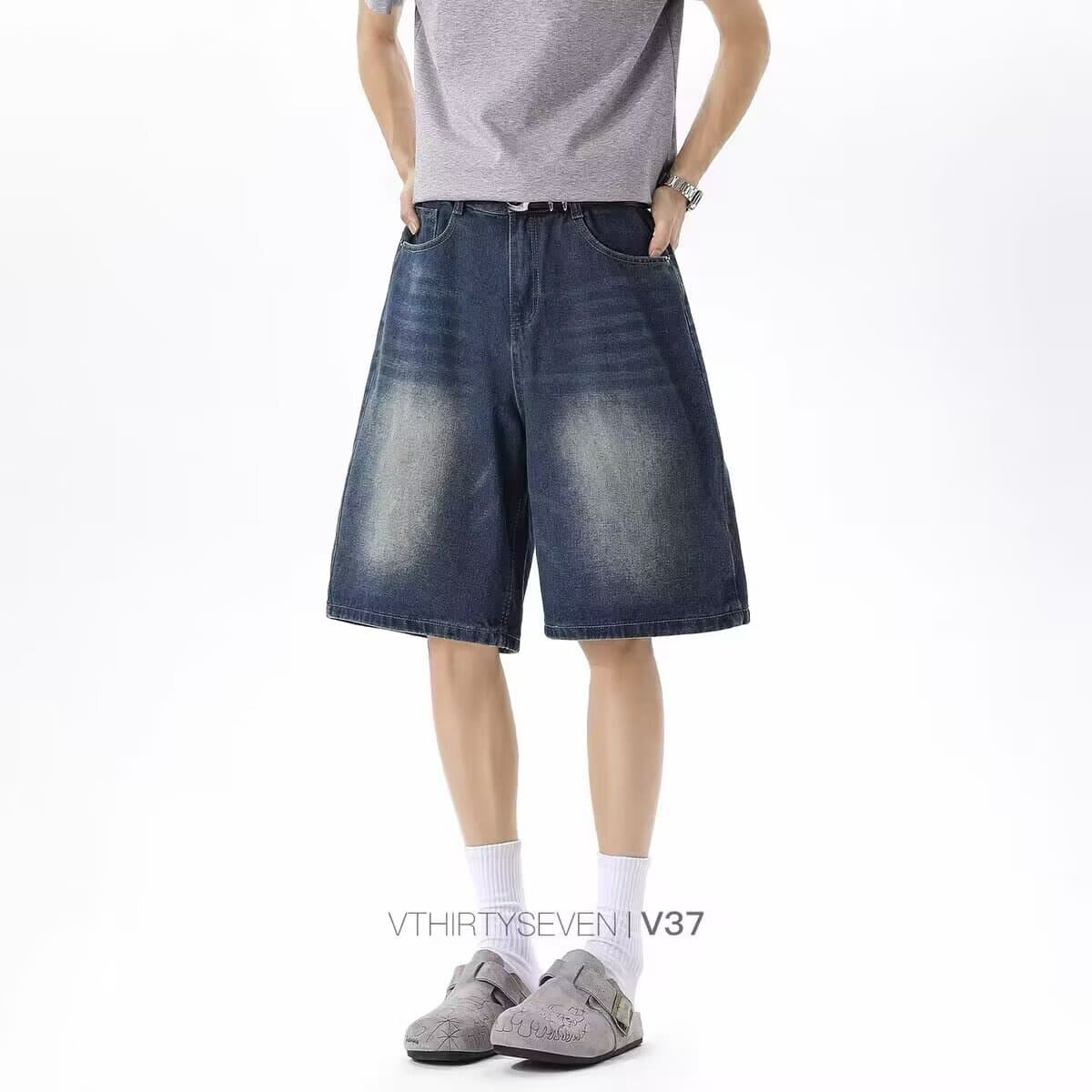 American retro denim shorts for men and women, trendy washed high-end, loose and versatile, casual wide-leg denim shorts