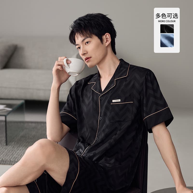Men's Ice Silk Pajama Set Short Sleeve Shorts Thin Open Front Homewear Plus Size
