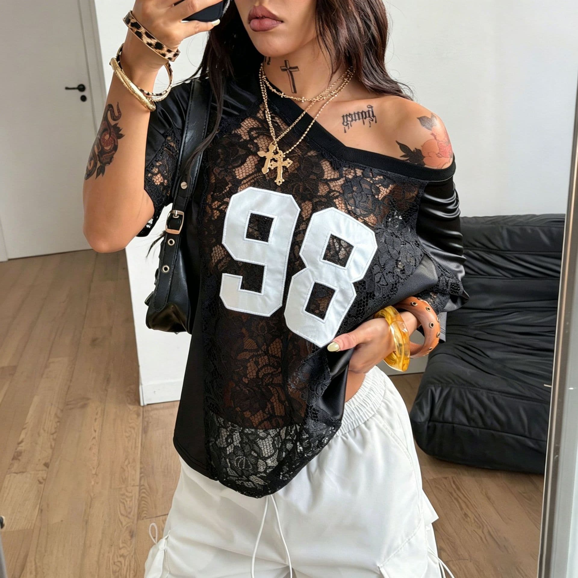 2026 New Cross-Border European and American Printed Loose Casual Streetwear Sheer Lace Patchwork T-Shirt Short Sleeve Top
