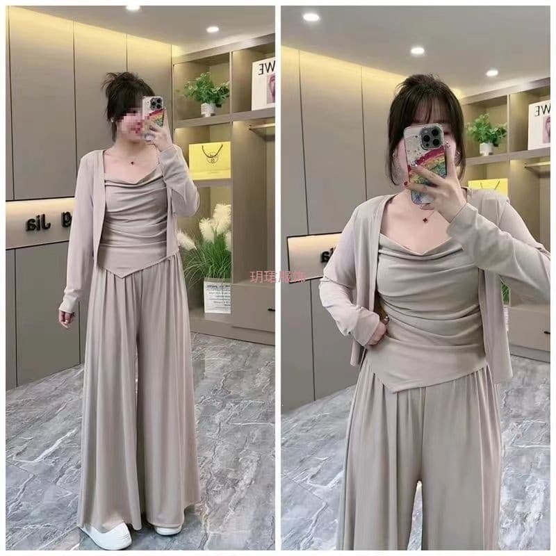 Fat plus size slimming summer new style covering the flesh in autumn lazy irregular suspender cardigan casual suit three-piece set