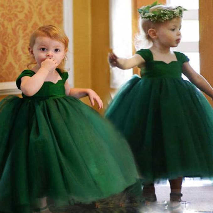 European and American cross-border green children's formal dress, flower girl wedding dress, performance costume for model runway shows, fluffy princess skirt