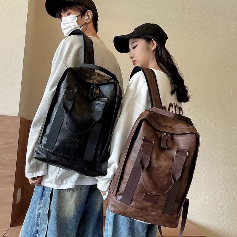Vintage Soft Leather Backpack Large Capacity Preppy Style Schoolbag Solid Color Youth Backpack Student Bag Multifunctional Travel Bag