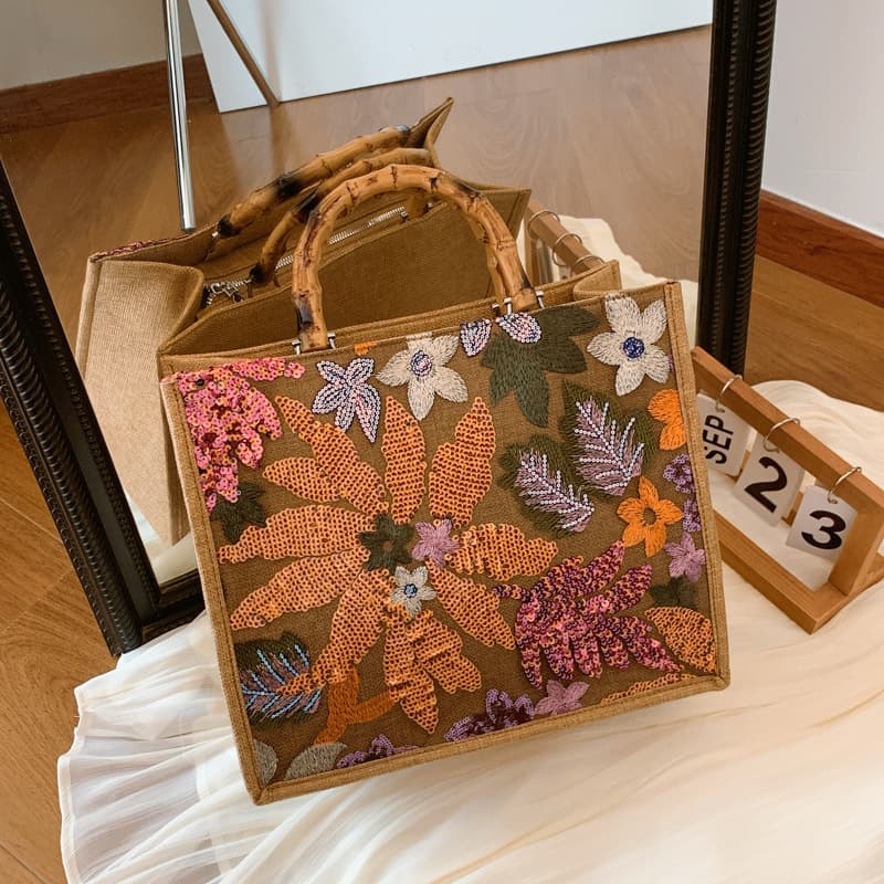 Bamboo horizontal tote bag, large-capacity women's high-end handbag, sequined mesh, flower embroidered linen bag for women