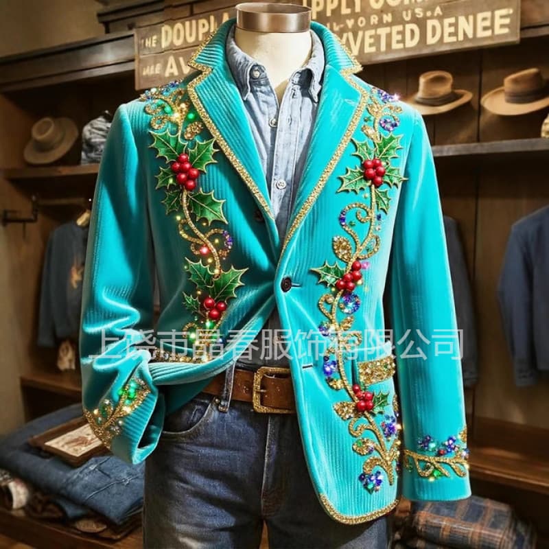 Autumn/winter new men's wear printed retro Christmas pattern casual fashion suit collar jacket suit (320g)