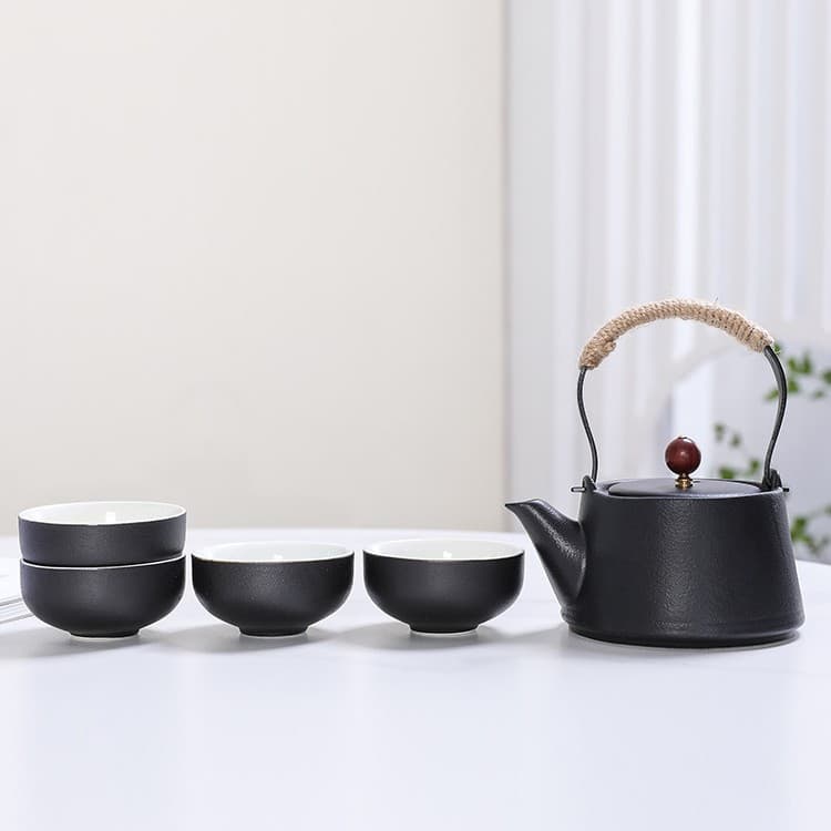 Matte Black Hanging Pot Ceramic Tea Set, Home Gongfu Tea Set, Chinese Retro Style with One Pot and Four Cups, Gift Option