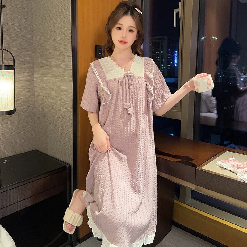 6535 Jacquard Pajama Dress for Women Summer Sweet Short Sleeve Mid-Length Loose Sleepwear Plus Size 220 lbs Fat M Homewear