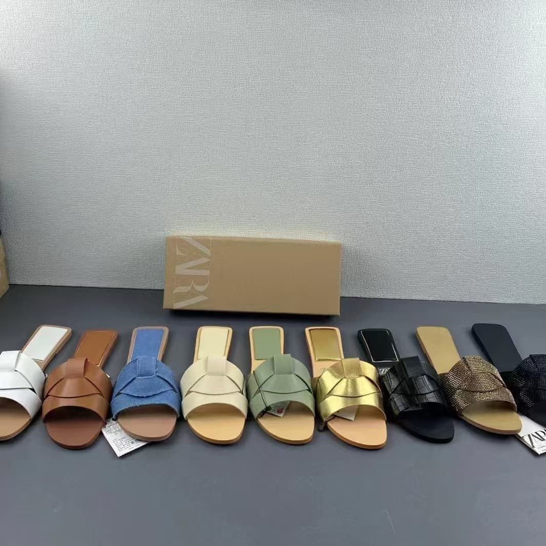 ZA2025 Women's Leather Cross-Strap Flat One-Strap Open-Toe Backless Beach Sandals Outdoor Women's Slippers