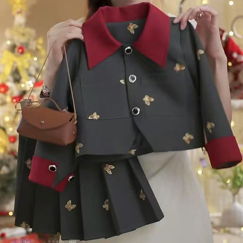 Girls Autumn Full Print Butterfly Pleated Skirt Set 2026 New Stylish Kids Long Sleeve Jacket Skirt Two-Piece Set