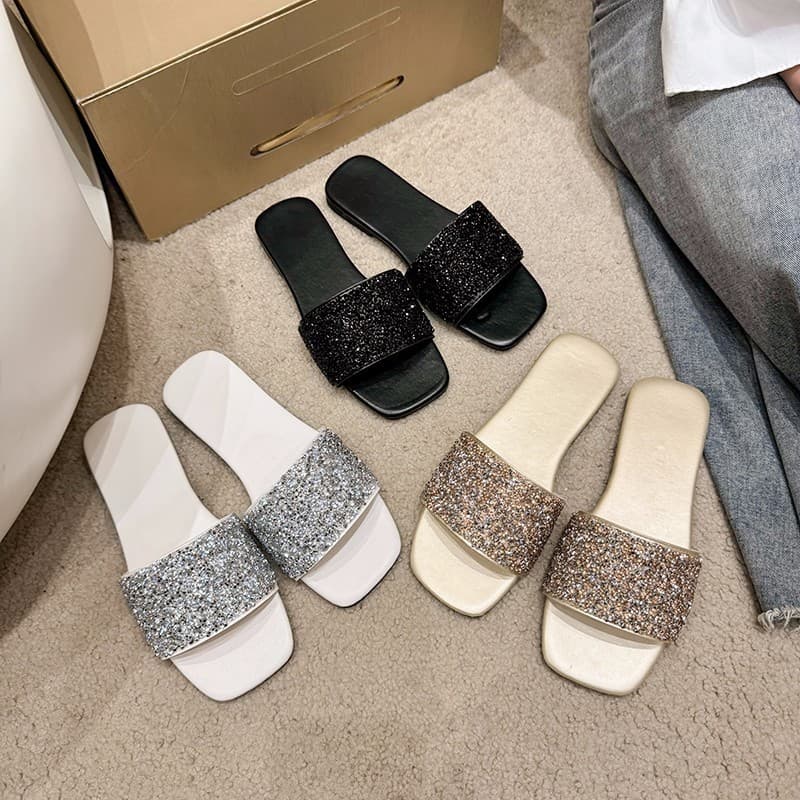 Women's Flat Outdoor Slippers New Fashion Gold Rhinestone Simple Comfort Beach Flat Slippers Plus Size